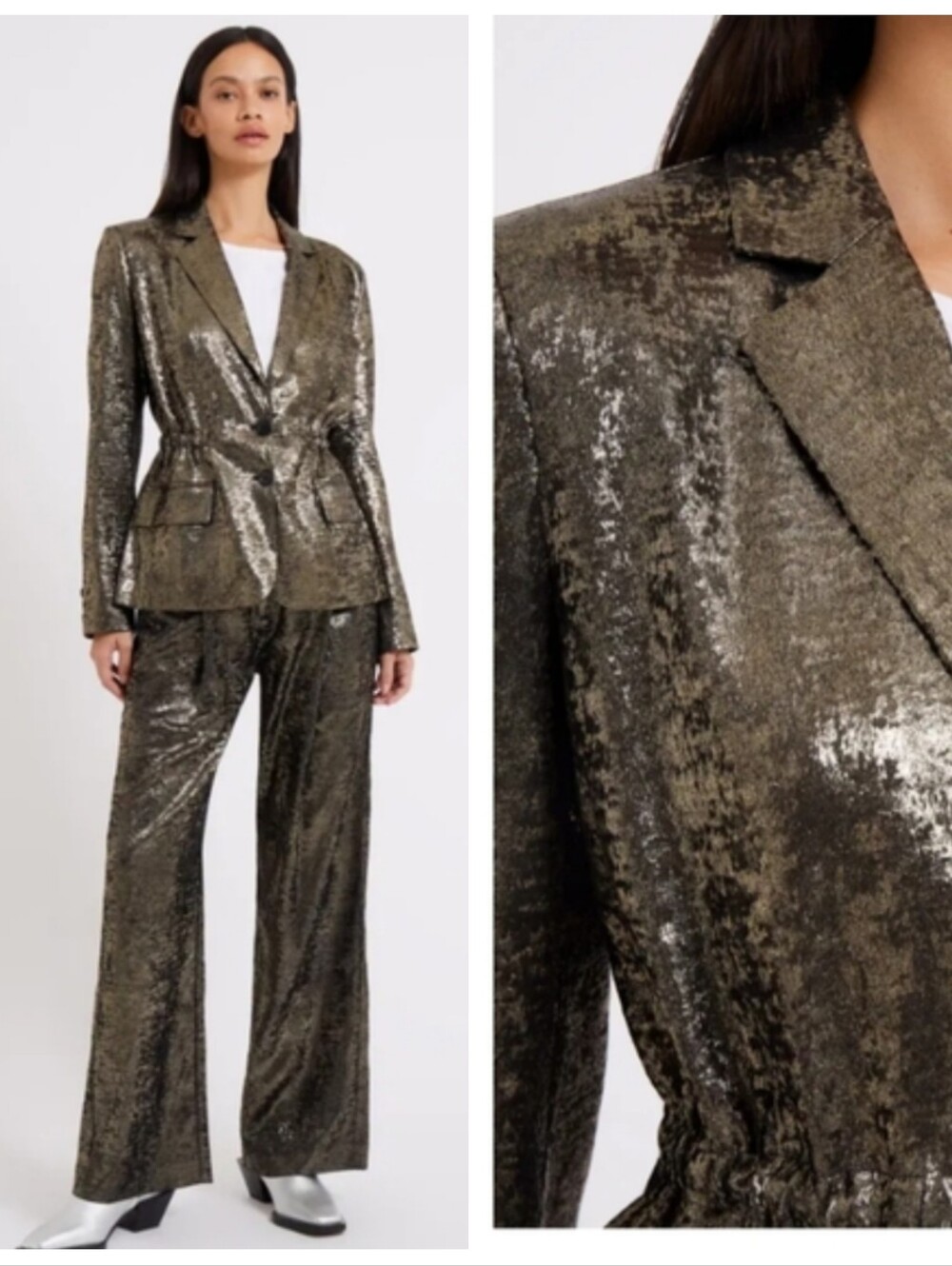 French Connection $179 Alara Metallic Notch Collar Blazer Gold Women's 4 Glam - Picture 2 of 13